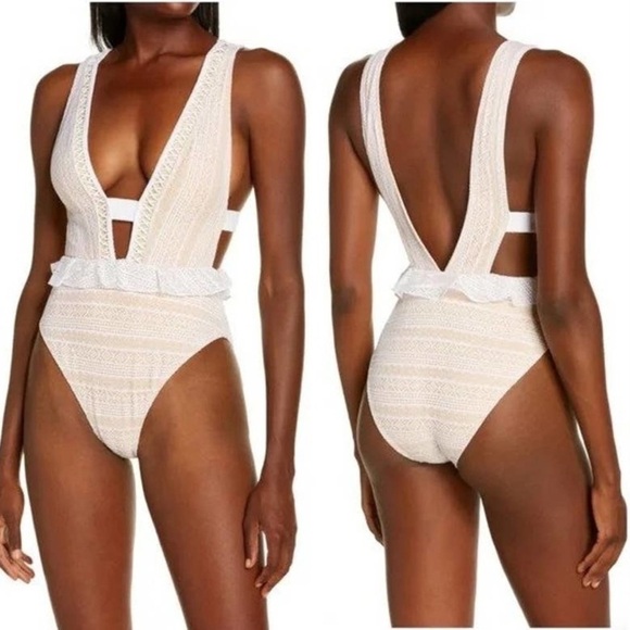 River Island Resort Peplum Plunge One Piece Swimsuit in White/Cream Sz 16 - Picture 1 of 10